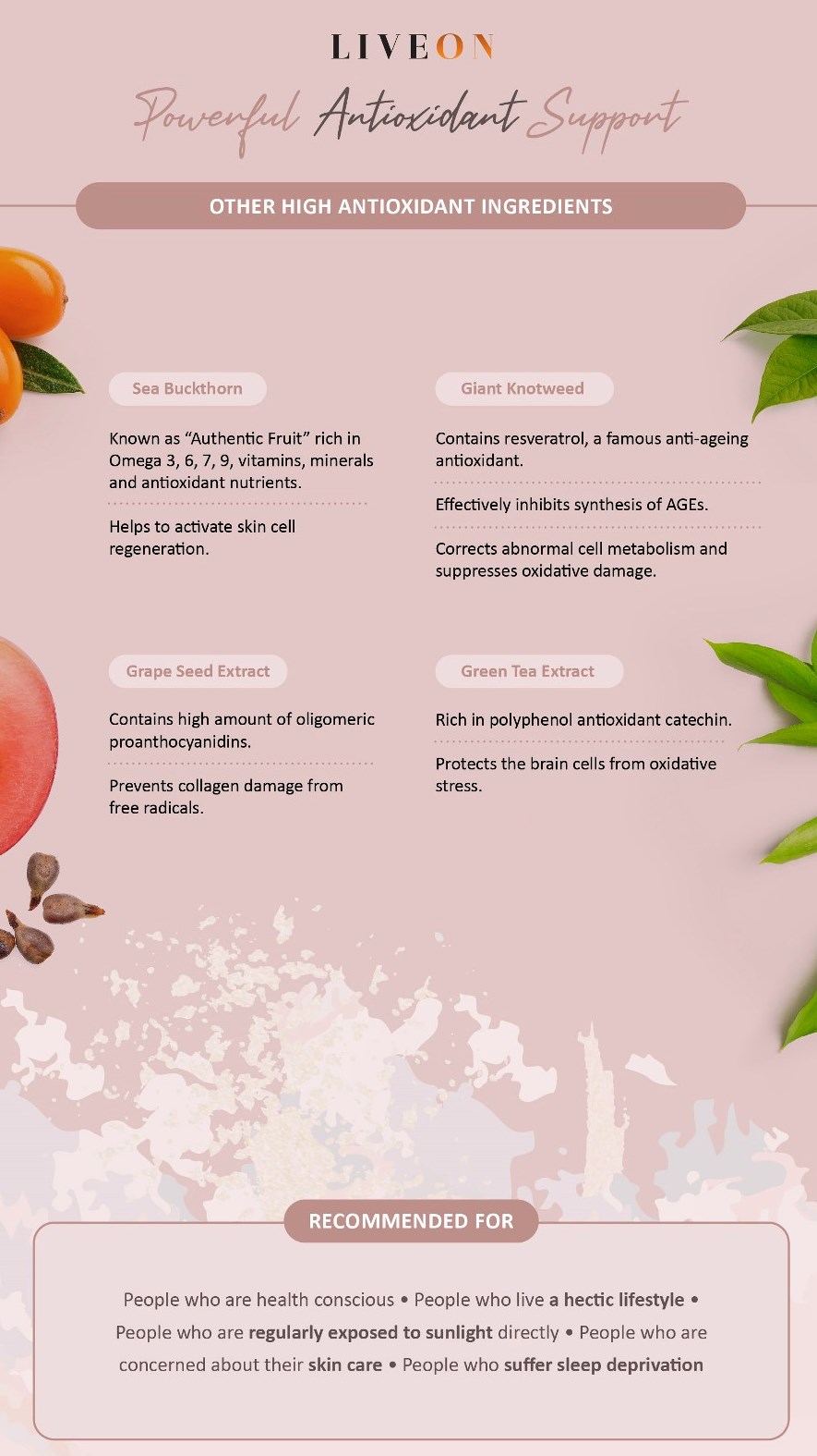 LIVEON Singapore - powerful antioxidant support - Sea Buckthorn , Giant Knotweed, grapeseed extract, green tea extract 